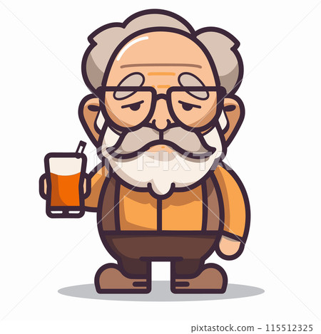 Elderly cartoon man holding beer glass, wearing glasses brown orange shirt. Elderly gentleman, cartoon character, enjoying beer, eyes, content expression, standing white background Elderly cartoon man holding beer glass, wearing glasses brown orange shirt. Elderly gentleman, cartoon character, enjoying beer, eyes, content expression, standing white background 115512325
