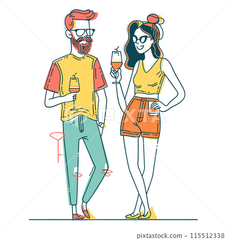 Young adult man woman casually dressed enjoying drinks, social interaction, leisure time. Hipster male beard red hair, female sunglasses, fashionable summer outfits, cool demeanor. Party, friends 115512338