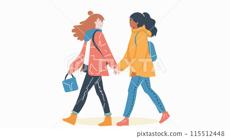 Two young girls holding hands walking together, friendship concept, casual attire. Diverse friends walking, backpacks, orange pink jackets, blue jeans. Schoolgirls chatting, outdoors, companionship Two young girls holding hands walking together, friendship concept, casual attire. Diverse friends walking, backpacks, orange pink jackets, blue jeans. Schoolgirls chatting, outdoors, companionship 115512448