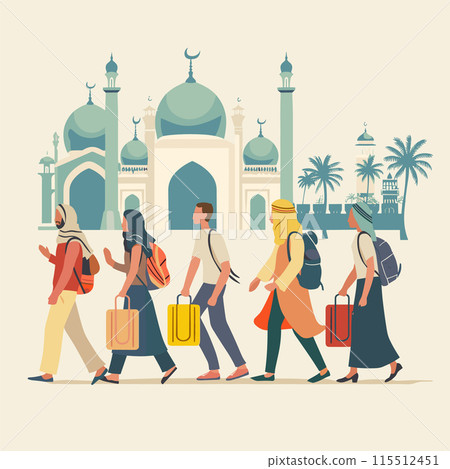 Group diverse tourists walking towards mosque, carrying luggage, palm trees background, travel concept illustration. Multiethnic travelers suitcases city tour near Islamic architecture. Animated 115512451