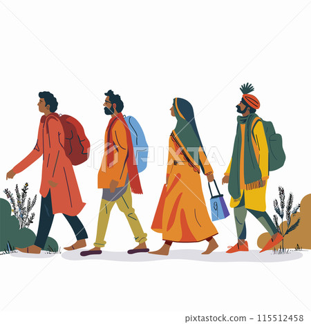 Three people walking side side, one woman two men, appear South Asian, wearing warm clothing carrying backpacks. Profiles diverse individuals, depicting motion, outdoors, woman wearing traditional 115512458