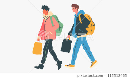 Two men walking side side, one African ethnicity, one Caucasian, carrying luggage. Youthful male travelers, casual attire, backpacks, journey, side view, nonidentifiable faces. Diverse friends Two men walking side side, one African ethnicity, one Caucasian, carrying luggage. Youthful male travelers, casual attire, backpacks, journey, side view, nonidentifiable faces. Diverse friends 115512465