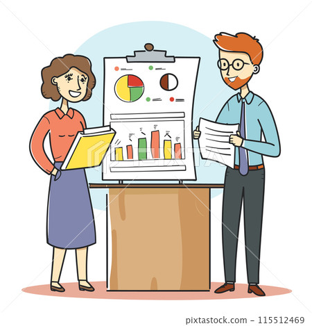 Woman man presenting business report using flip chart. Both professionals, casually dressed, discussing data, charts, graphs. Office presentation meeting, teamwork, analysis concept Woman man presenting business report using flip chart. Both professionals, casually dressed, discussing data, charts, graphs. Office presentation meeting, teamwork, analysis concept 115512469