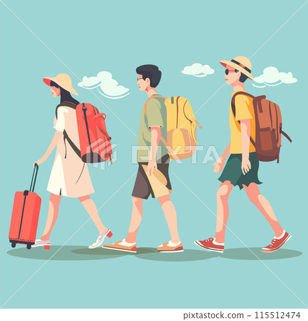 Three young travelers walking side side, two males one female, carrying luggage backpacks, person sports casual summer attire, showcasing travel, exploration, group adventure. Background minimal 115512474