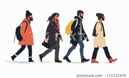 Four diverse adult characters walking side side, dressed winter clothing, stylized, modern vector illustration, character unique, showing variations clothing color style, hair, accessories bags 115512476