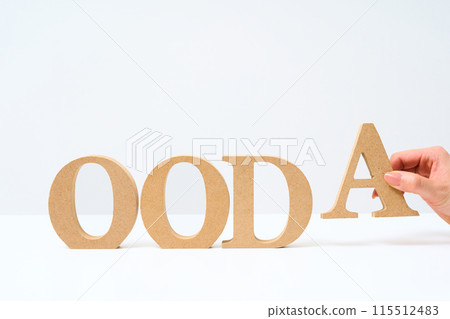 Wooden alphabet blocks arranged with the word "OODA" 115512483