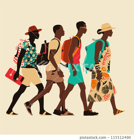 Four African tourists walking, carrying bags, wearing summer clothes, side profile illustrated. Illustration young African men casual vacation apparel, colorful backpacks, hats. Graphic black Four African tourists walking, carrying bags, wearing summer clothes, side profile illustrated. Illustration young African men casual vacation apparel, colorful backpacks, hats. Graphic black 115512490