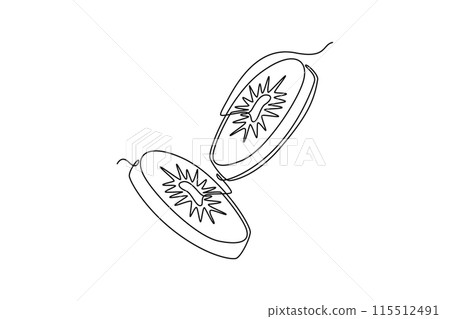 Single one line drawing half sliced healthy organic kiwi for orchard logo identity. Fresh round tropical fruitage concept for fruit garden icon. Continuous line draw design graphic vector illustration 115512491