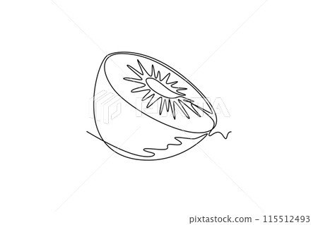 Single one line drawing half sliced healthy organic kiwi for orchard logo identity. Fresh exotic fruitage concept for fruit garden icon. Modern continuous line draw design graphic vector illustration 115512493