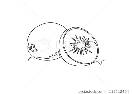Continuous one line drawing of whole and half sliced healthy organic kiwi for orchard logo identity. Fresh tropical fruit concept for garden icon. Single line draw design vector graphic illustration Continuous one line drawing of whole and half sliced healthy organic kiwi for orchard logo identity. Fresh tropical fruit concept for garden icon. Single line draw design vector graphic illustration 115512494