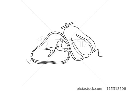 Continuous one line drawing whole and sliced healthy organic bell fruits for orchard logo identity. Fresh bellfruit concept for fruit garden icon. Single line draw design vector graphic illustration 115512506