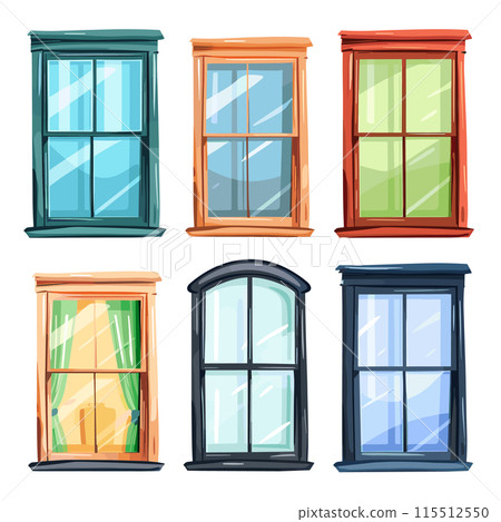 Set colorful vintage windows, architectural details, various designs. Cartoon style vector illustration windows, home exterior elements. Variety window frames, retro building features, vibrant Set colorful vintage windows, architectural details, various designs. Cartoon style vector illustration windows, home exterior elements. Variety window frames, retro building features, vibrant 115512550
