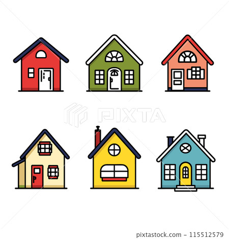 Six colorful cartoon houses displayed against isolated white background. Simplistic design, house unique different windows, doors, roofs. Primary colors red, yellow, blue, green used creatively 115512579