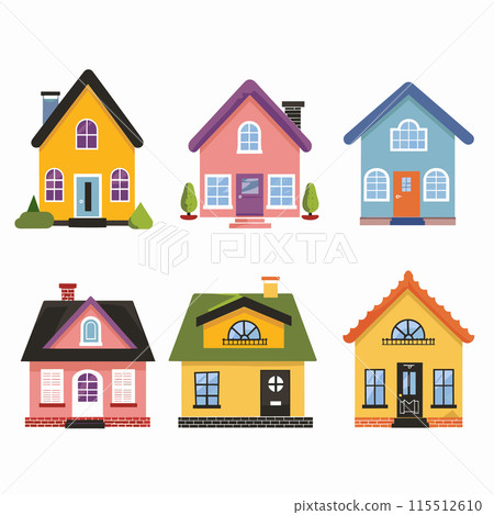 Set six colorful cartoon houses, different architecture styles. Suburban homes collection, flat design. Residential houses, vector illustration, isolated white background 115512610