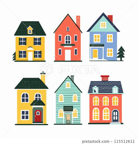 Colorful cartoon houses collection set, various architectural styles, residential buildings design, urban suburb homes, isolated white background. Cute city dwellings, real estate, vibrant vector Colorful cartoon houses collection set, various architectural styles, residential buildings design, urban suburb homes, isolated white background. Cute city dwellings, real estate, vibrant vector 115512611