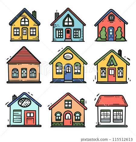 Colorful cartoon houses, varied designs, unique windows, doors. Diverse architecture, suburban homes, vibrant, playful. Nine different styles isolated white background 115512613