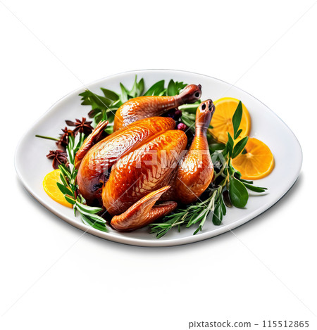 Whole squab roasted and glazed crispy skin captured in dramatic lighting Food and culinary concept 115512865