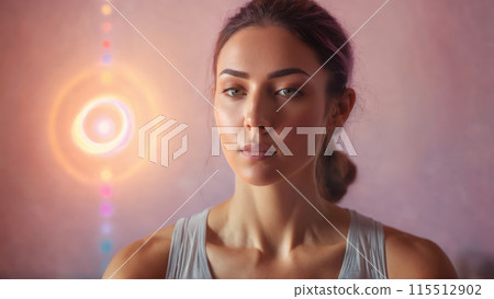 Focused woman practicing yoga chakra symbols glowing mind body balance soft pastel hues 115512902