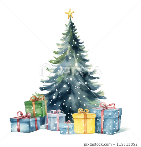 Watercolor decorated Christmas tree with a star topper and colorful gift boxes underneath, isolated on white background. Watercolor decorated Christmas tree with a star topper and colorful gift boxes underneath, isolated on white background. 115513052