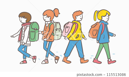 Four animated students walking side side, carrying backpacks, dressed colorful casual attire, appear be young, diverse hairstyles, walking leisurely, break school. Illustration simple minimal 115513086