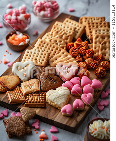 Cute board with heart shaped crackers and other items. 115513114