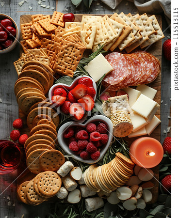 Cute board with hCute board with heart shaped crackers and other items. 115513115