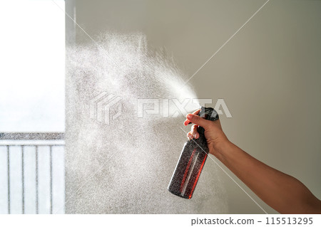 A woman's hand sprays an air freshener in a room. A woman's hand sprays an air freshener in a room. 115513295