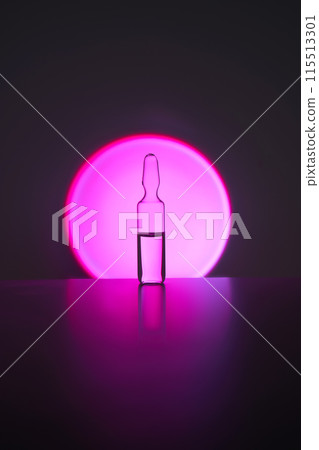 Several ampoules for injection with medicines on a lilac background. 115513301