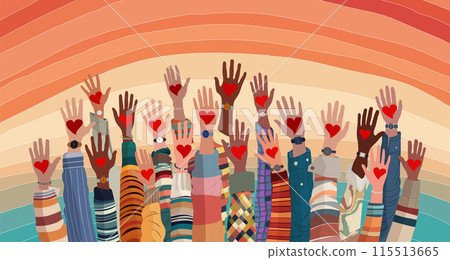 Banner whit raised hands of multicultural volunteer people holding a heart. Charity and solidarity donation. Community of volunteers. Voluntary concept. NGO. Aid. Volunteerism 115513665