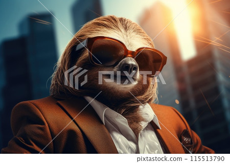cool business sloth with sunglasses on city background 115513790