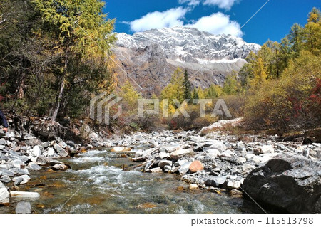 The Autumn in Siguniang Mountain at west of the capital city of Chengdu in Xiaojin country ,Sichuan ,China  115513798