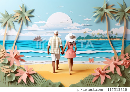 couple walk on the beach in summer illustration 115513816