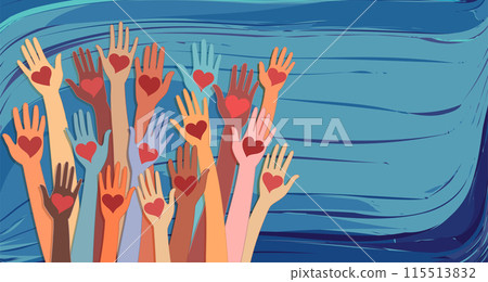 Banner whit abstract raised hands of multicultural volunteer people holding a heart. Charity and solidarity donation. Community of volunteers. Voluntary concept. NGO. Aid. Volunteerism 115513832
