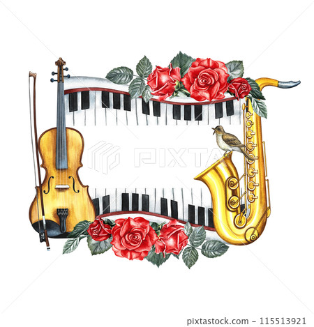 The frame is musical with a violin, piano keys and a saxophone. decorated with roses. The watercolor illustrations are made by hand. For posters, flyers and invitation cards. For stickers, labels. The frame is musical with a violin, piano keys and a saxophone. decorated with roses. The watercolor illustrations are made by hand. For posters, flyers and invitation cards. For stickers, labels. 115513921