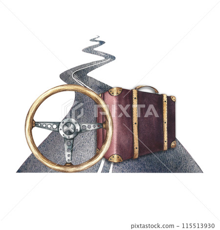 Paved road, steering wheel and suitcase. The illustration is done in watercolor by hand. Vintage sticker for the traveler. For flyers, banners and postcards. For invitations, posters and printing. 115513930