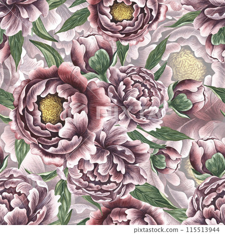 Peonies are flowers. Seamless floral pattern with peonies in vintage style. A hand-drawn watercolor illustration. For textiles, wallpaper and wrapping paper. For labels, packaging, printing and more. Peonies are flowers. Seamless floral pattern with peonies in vintage style. A hand-drawn watercolor illustration. For textiles, wallpaper and wrapping paper. For labels, packaging, printing and more. 115513944