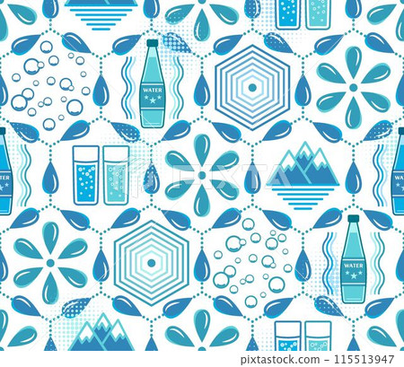 Seamless pattern with mineral water icons, design elements in flat simple geometric style. For branding, decoration of food package, cover design, textile kitchen prints 115513947
