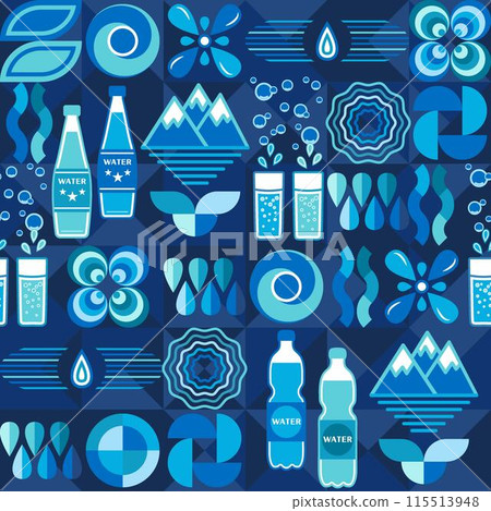 Pattern with water icons, design elements in flat simple geometric style. Seamless background with abstract shapes. For branding, decoration of food package, cover design, textile kitchen prints 115513948