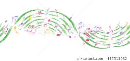 Undulating levitation multicolored music notes. Notes flying through the waves of music. Seamless banner of note symbols. Watercolor illustration in classic style. Ornate for textile, package Undulating levitation multicolored music notes. Notes flying through the waves of music. Seamless banner of note symbols. Watercolor illustration in classic style. Ornate for textile, package 115513982