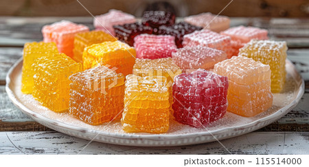 Turkish Delight on a white wooden table, Assorted flavors of chewy and sweet confections dusted with powdered sugar, Vibrant colors. 115514000