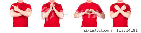 Man in red t-shirt showing or holding something in his arm on white background Man in red t-shirt showing or holding something in his arm on white background 115514181