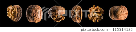 Macro photo of empty shell of walnut isolated on a black with clipping path 115514183
