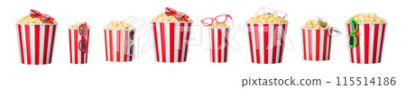 Paper striped bucket with popcorn and 3D glasses isolated on white background Paper striped bucket with popcorn and 3D glasses isolated on white background 115514186