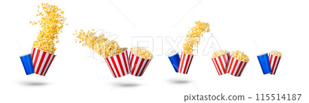 Paper striped bucket with popcorn and cup of soft drink isolated on white 115514187