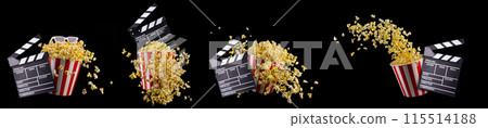 Paper bucket with popcorn, cup of drink and video game joystick on black Paper bucket with popcorn, cup of drink and video game joystick on black 115514188