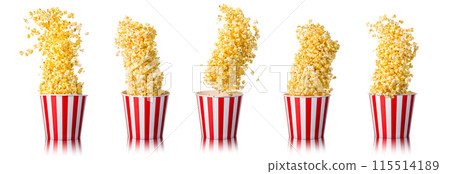 Set of paper striped bucket with popcorn isolated on white background Set of paper striped bucket with popcorn isolated on white background 115514189