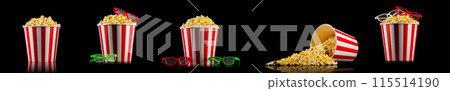 Scattered popcorn from paper striped bucket isolated on black background 115514190