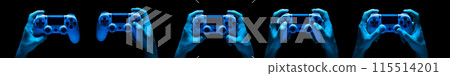 Hyman hands holding video game gamepad in neon lights isolated on a black Hyman hands holding video game gamepad in neon lights isolated on a black 115514201