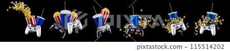 Paper bucket with popcorn, cup of drink and video game joystick on black 115514202