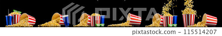 Paper striped bucket with popcorn, cup of drink and glasses isolated on black 115514207